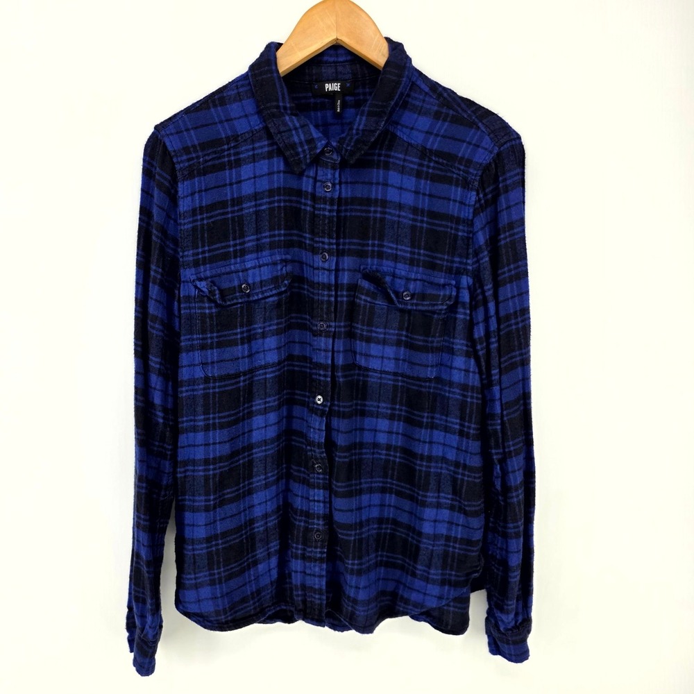 Paige Button Down Shirt Women Medium Blue Black Plaid Flannel Long Sleeve Pocket